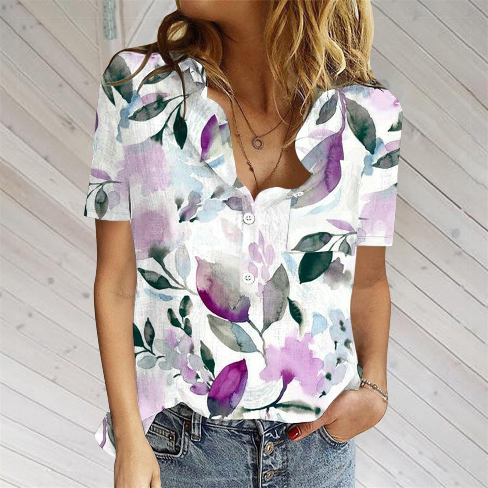 

Summer Short Sleeve T-Shirt For Women Casual Button V Neck Loose Fit Tops Comfy Cotton Linen Floral Print Blouse Shirts L фиолетовый
