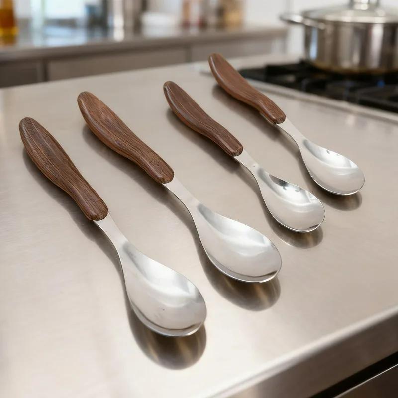 Edelstahl-Löffel für Heimküche Geschirr Essgeschirr Werkzeug Abendessen Dessert Reis Suppenlöffel mit Holzmaserung Griff