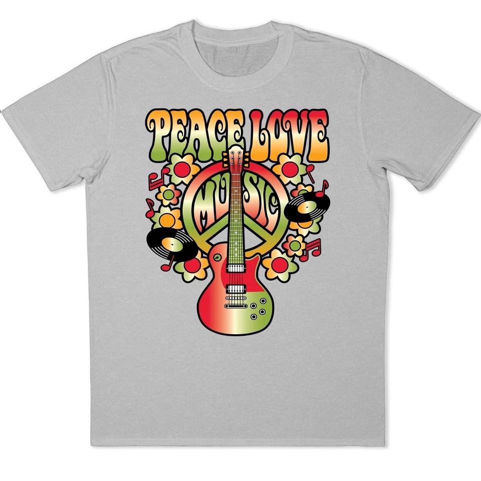 Peace Love Music Guitar Graphic T-Shirt Retro Hippie Festival Design Tee 1 3XL