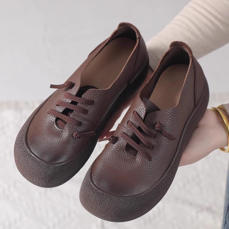 Fashion 2025 Spring Autumn New Leather Women's Shoes Soft Soled Comfortable Versatile Thick Soled Casual Shoes Retro Leather Shoes