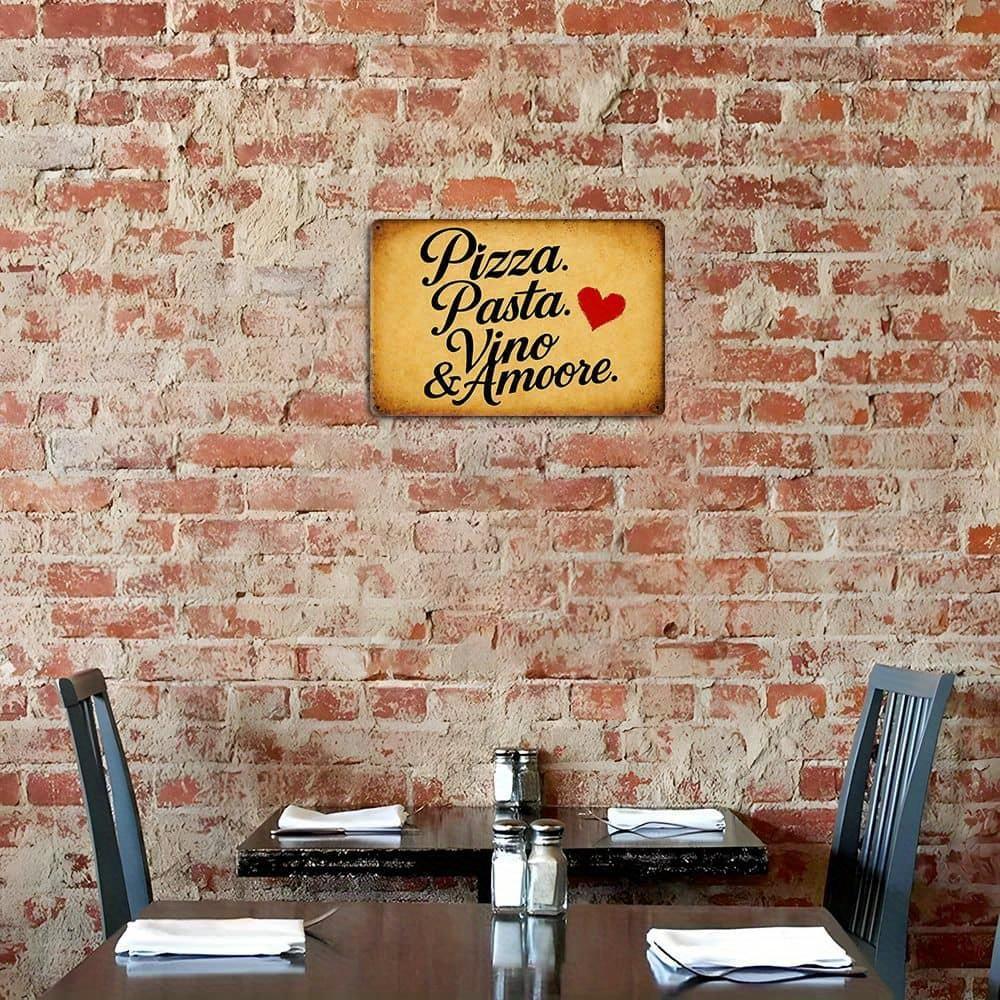 Italian Cuisine Metal Sign - "Pizza. Pasta. Vino & Amore." Vintage Aluminum Decor for Dining & Bar Spaces