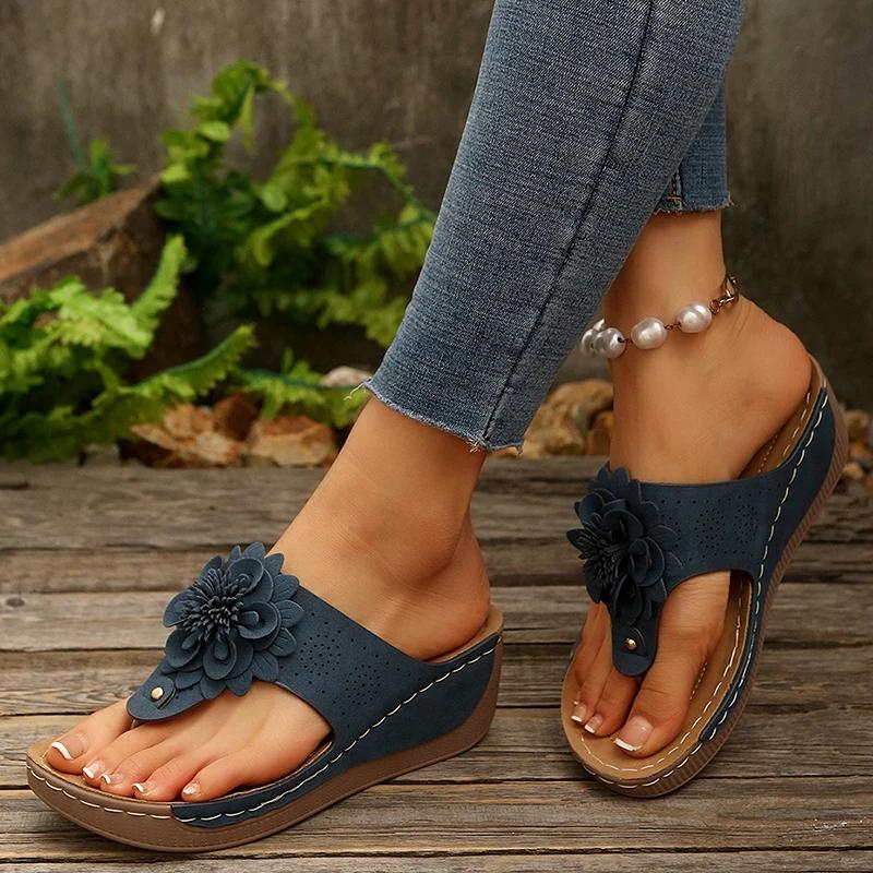Fashion Big Floral Clip Toe Sandals Women Summer 2025 Comfortable Soft Sole Wedge Heels Slides Woman Casual Plus Size 43 Slippers Mujer