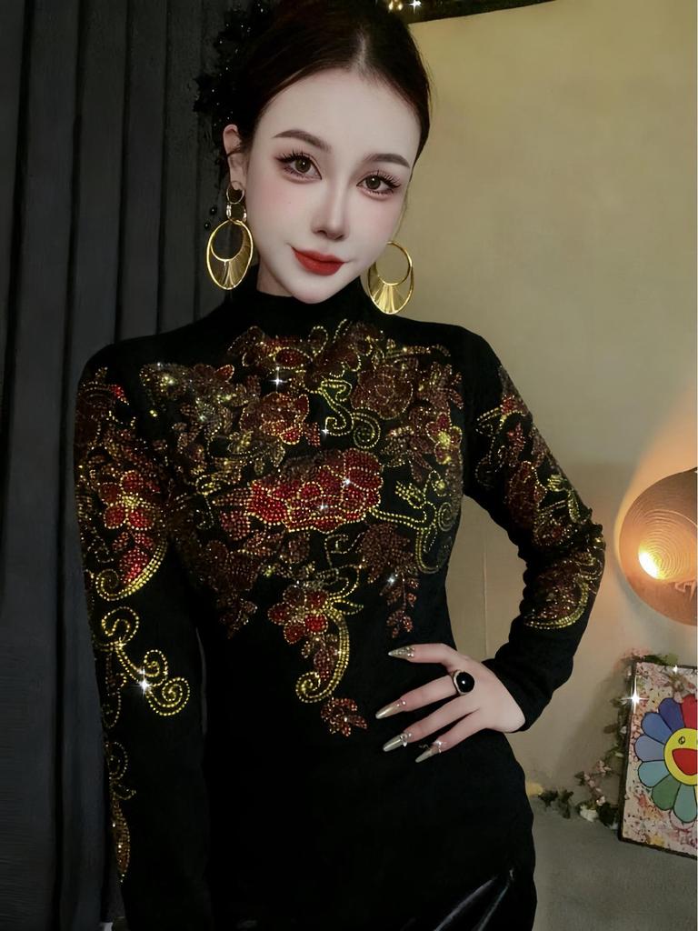 Haut élégant pour femme Automne/Hiver à manches longues, col semi-montant, strass