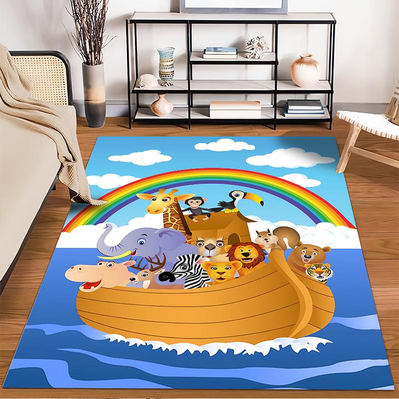 Colorful Cartoon Animal Ark Carpet with Rainbow, Fun Kid Room Decor Suitable for Use As an Anti-slip for Living Room Bedroom Sofas