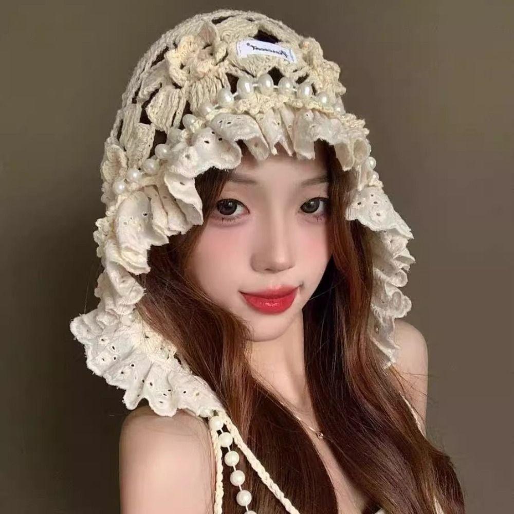 Pearl Tassels Crochet Flower Knitted Hat Bohemian Style Weave Cap Cute Lace Beanies  Outdoor