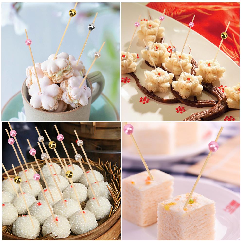100PCS Pearl Bamboo Cocktail Picks Wooden Toothpick Food Skewer Picks Fruit Snack Fork Party Wedding Festival Supplies