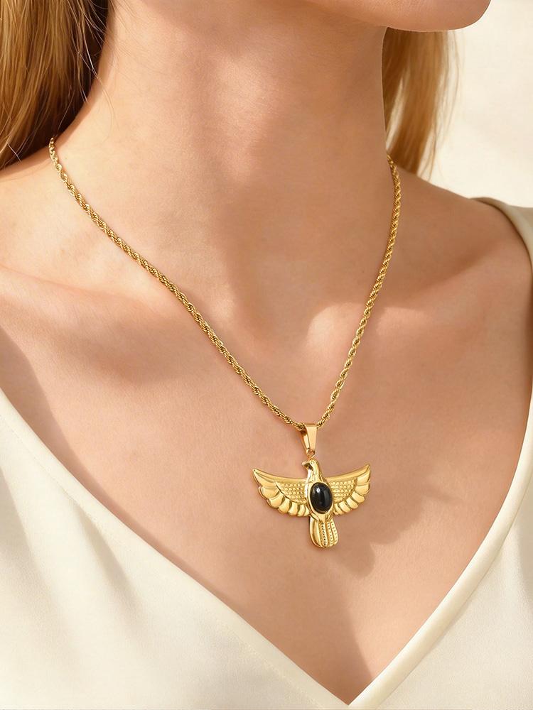 Retro Punk Egyptian Eagle Necklace Women Stainless Steel Black Onyx Stone Horus Falcon Pendant Vintage Hip Hop Jewelry