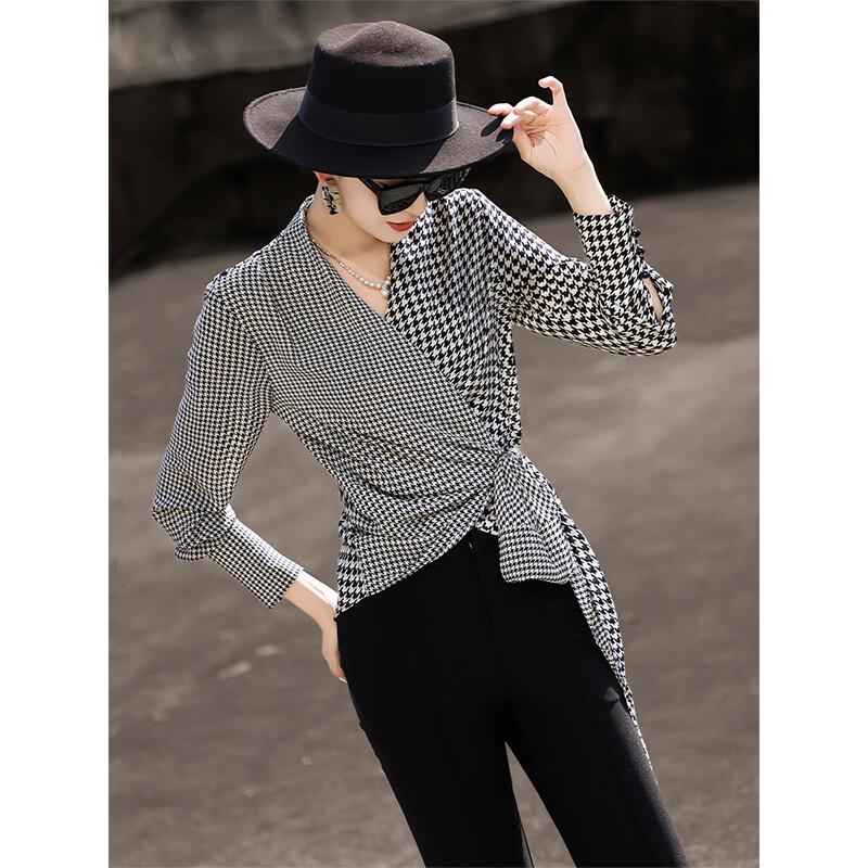 Lansere 2026 Spring V-Neck Houndstooth Blouse