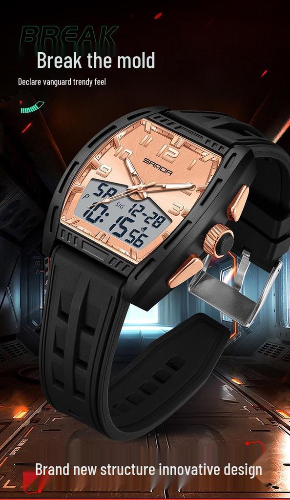 SANDA Men's Waterproof Luminous Sports Watch - Countdown & Multifunctional Barrel-Shaped Electronic Watch with Large Dial