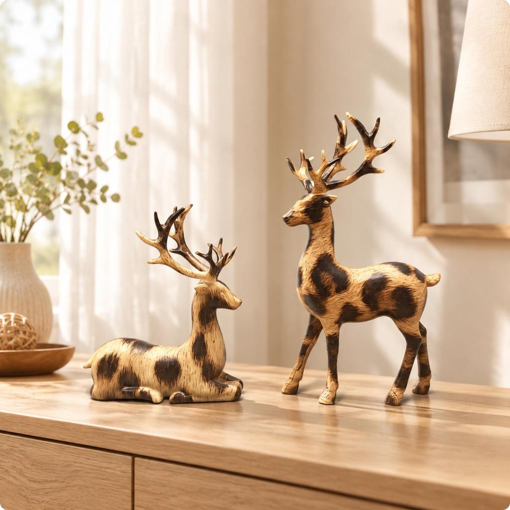 2 Pieces Deer Figurine Set with Antlers Compact Mantel Ornament Sturdy