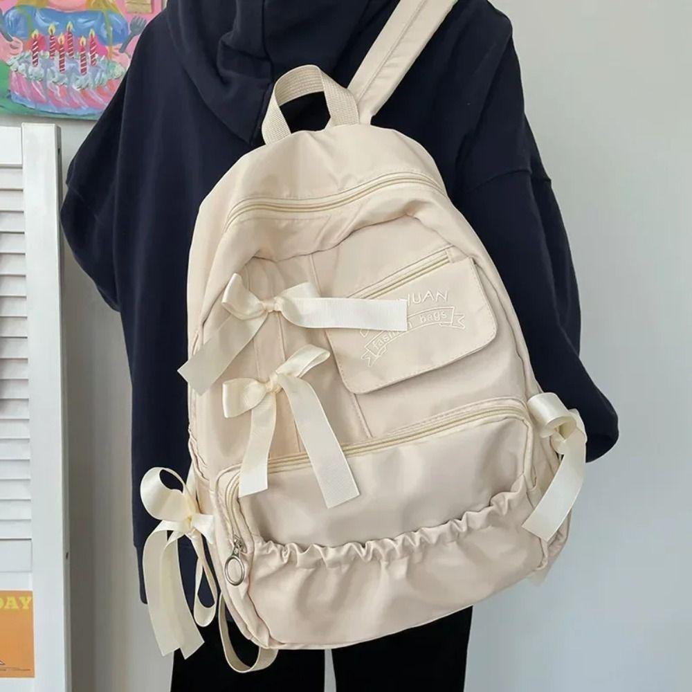 College Style Bow Backpack Large Capacity Canvas Shoulders Bag Cute Students School Bag School