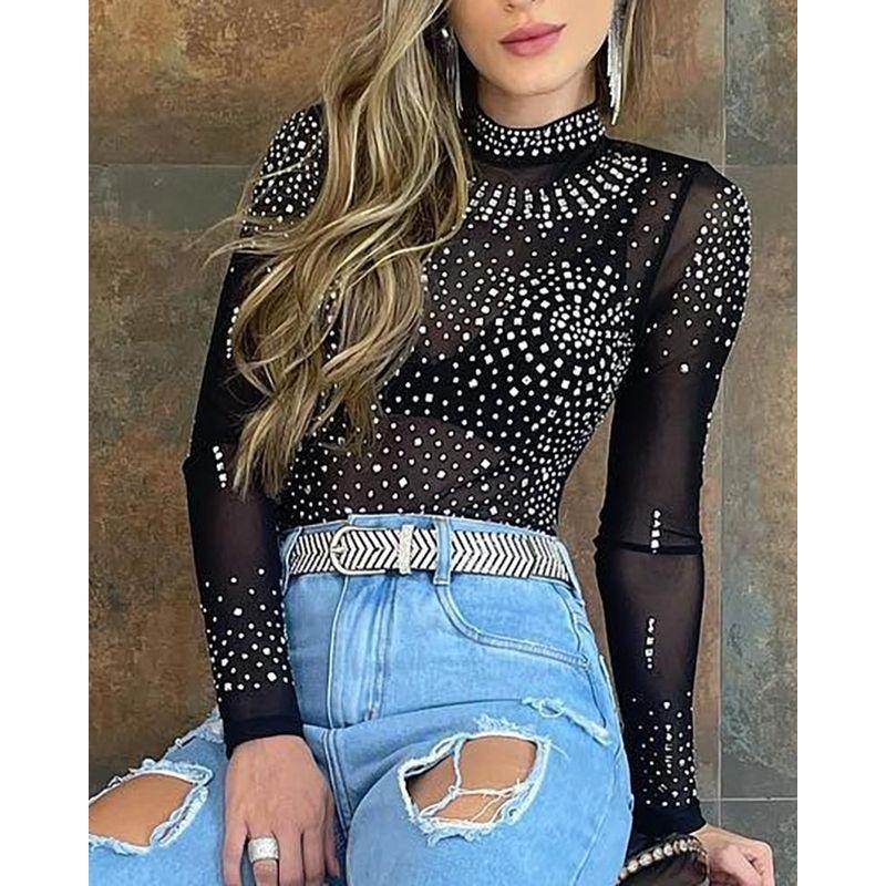 Women Sexy Long Sleeve Black Top European and American Women's Clothing Diamond Sheer Mesh Black Tops