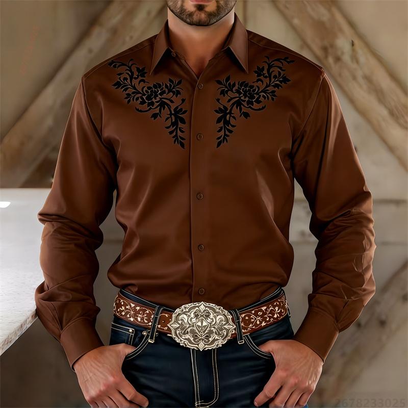 2026 Neues Western-Cowboy-Stil Herren Langarmhemd mit Blumendruck, Revers Slim Fit Lässiges Herren-Langarmhemd XL