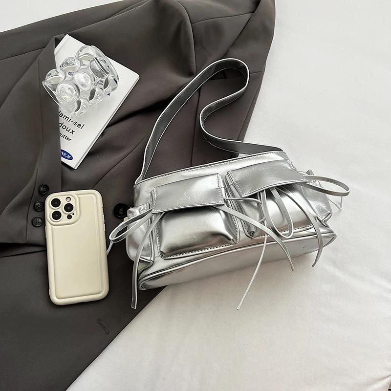 Fashion Underarm Shoulder Bag Red Silver Female Bag PU Leather Armpit Bag Chain Handbag Tote Clutch Bag High Capacity