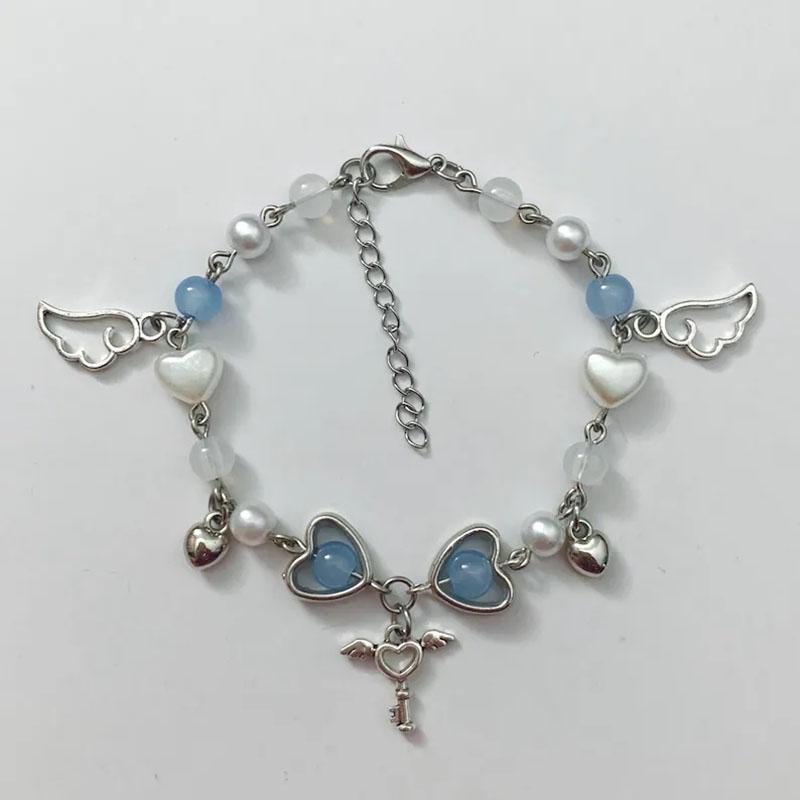 Módní korálkový náramek Lásky s křídly, Vynikající Láska Y2K Růžový přívěsek klíče, Dámské párty šperky, Dárek pro přítelkyni