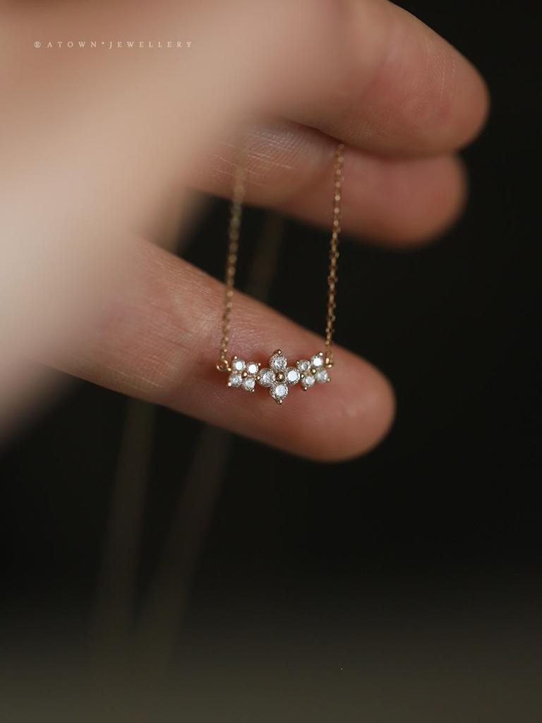 14K Gold-Plated S925 Sterling Silver Necklace with Three Diamonds and Mini Flower Pendant