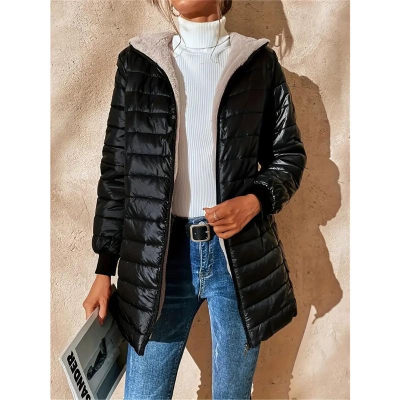 2025 Winter Women's Mid-Length Quilted Parka, Hooded Fleece Lined Loose Fit Thermal Jacket with Zipper, Warm Padded Casual Coat for Cold Weather
