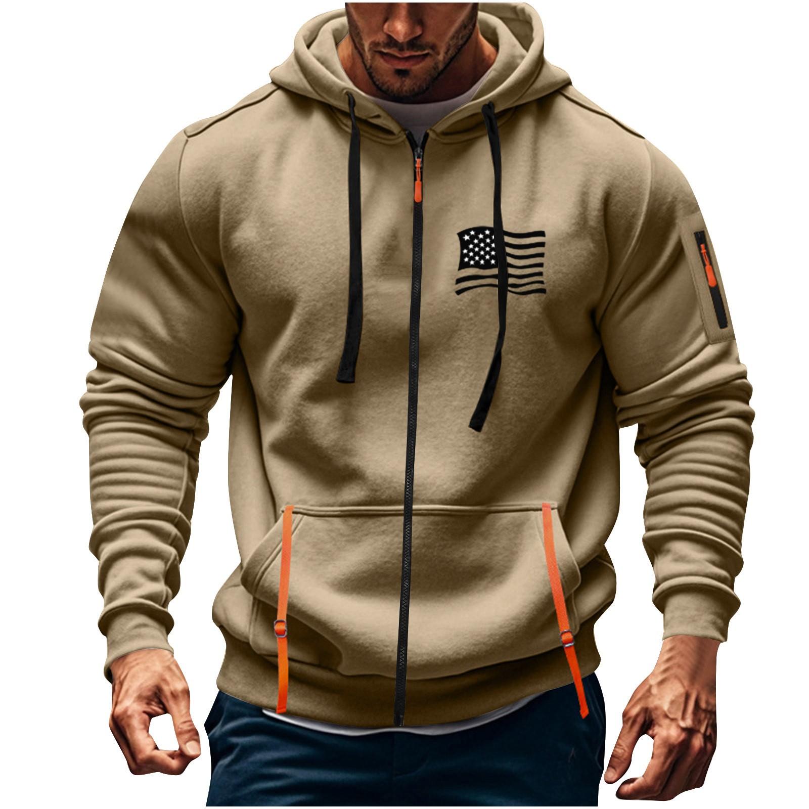 

Мужская спортивная повседневная толстовка с капюшоном, кардиган с капюшоном на молнии, многокарманное пальто с капюшоном L хаки