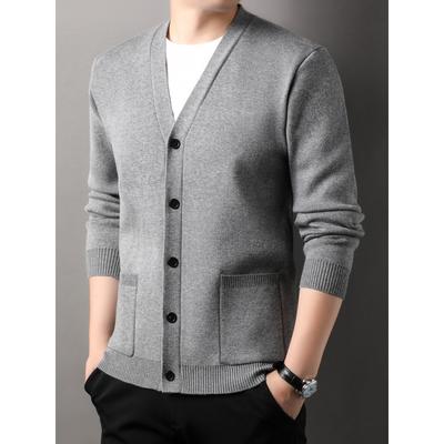 Men's Knitted Cardigan Coat Spring and Autumn V-neck Solid Color Top Real Pocket Sweater Business Casual Outdoor Sweater