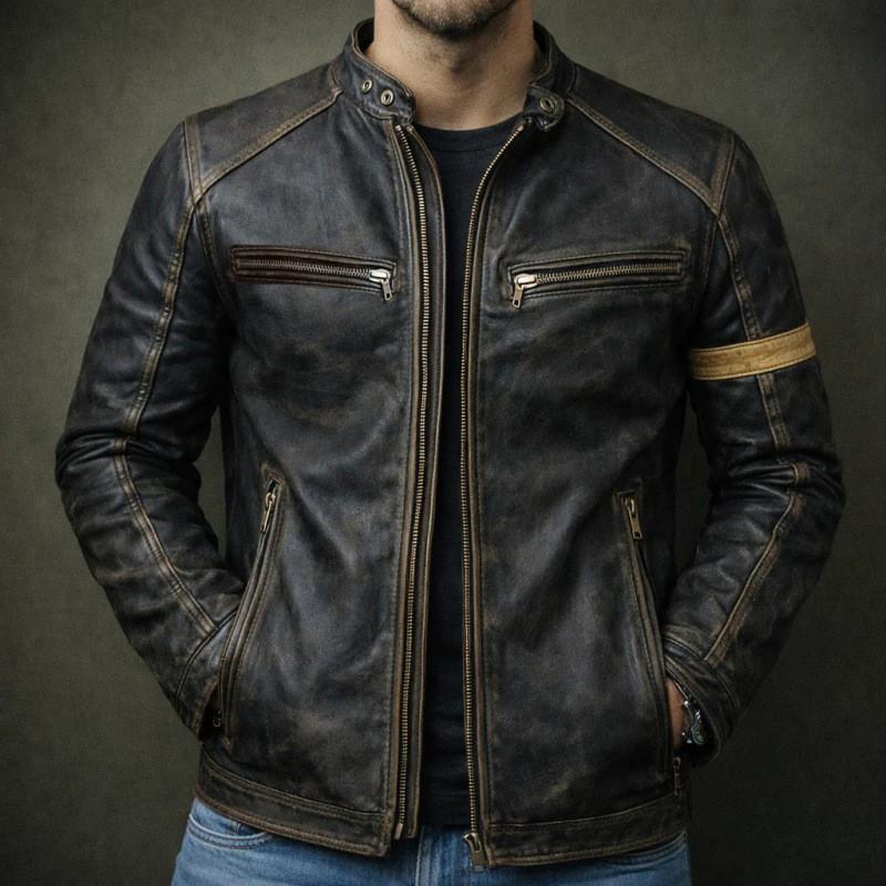 Mens Slim Fit Stand Collar Biker Leather Jacket With Dual Zippers Punk Style Casual Outerwear Fall
