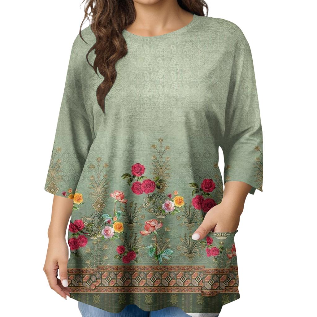 Modeblus för damer, större storlekar, med tryck, kortärmad, för elegant pendling och fritid