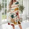 Women Casual Crew Neck Hawaiian Print Midi Dress Relaxed Fit Three Quarter Sleeve Soft Fabric Summer Dress for Daily Wear