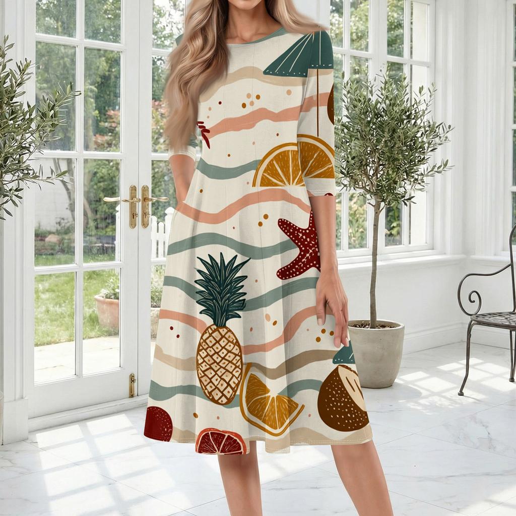 Women Casual Crew Neck Hawaiian Print Midi Dress Relaxed Fit Three Quarter Sleeve Soft Fabric Summer Dress for Daily Wear