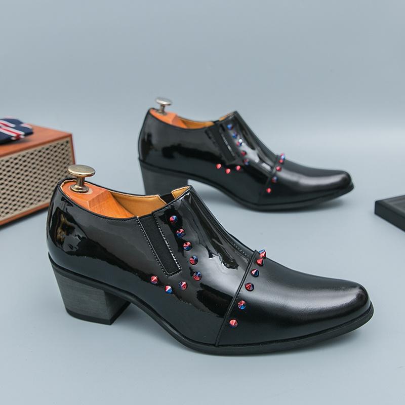 Gold Luxury Men's Dress Shoes British Pointed Toe High Heel Shoes Men Formal Shoes Rivet Designer Genuine Leather Shoes For Men