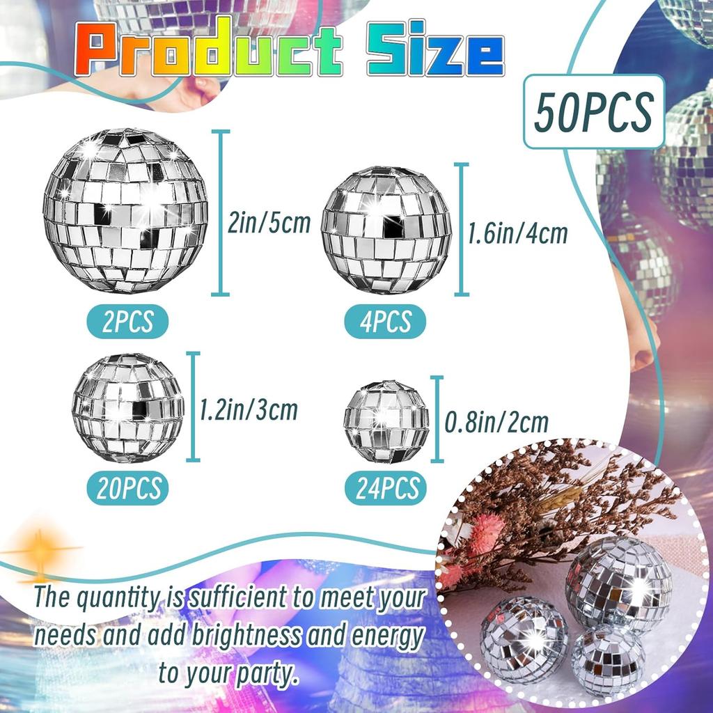 50 Pcs Disco Ball Cake Decoration,Mirror Ball Cake Topper 70s Themed Party Disco Ball Ornaments for Christmas Tree Dance Music