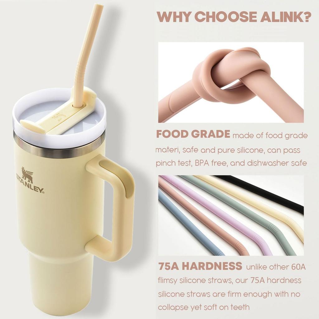 ALINK 14 inch Extra Long Pastel Color Silicone Replacement Straws for 40 oz Stanley Cup, Reble Flexible Drinking Straws for 1 Gallon Jug, 64 oz Water