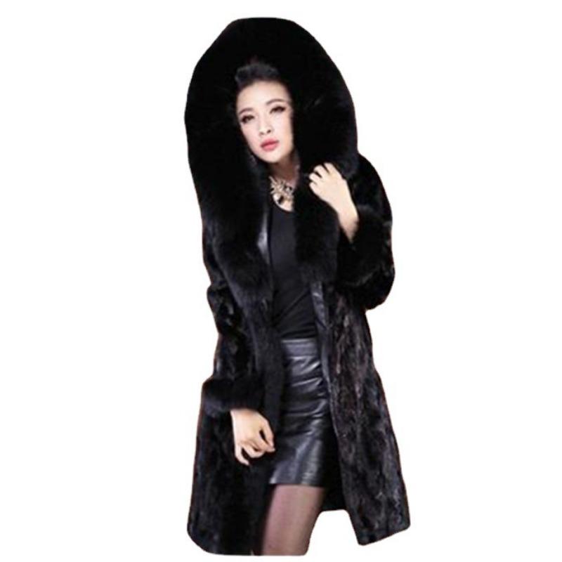 autumn and winter new imitation mink coat, black women's long imitation fox hair hooded casual warm coat