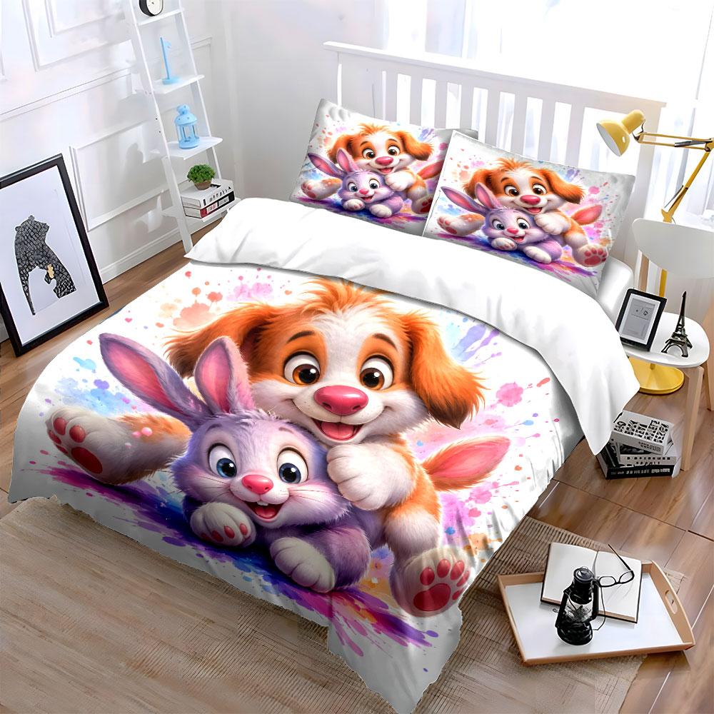 Playful dog and cute rabbit Print Bedding Set 1 Duvet Cover 2 Pillowcases for Adult and Children Luxury Gift Full Size