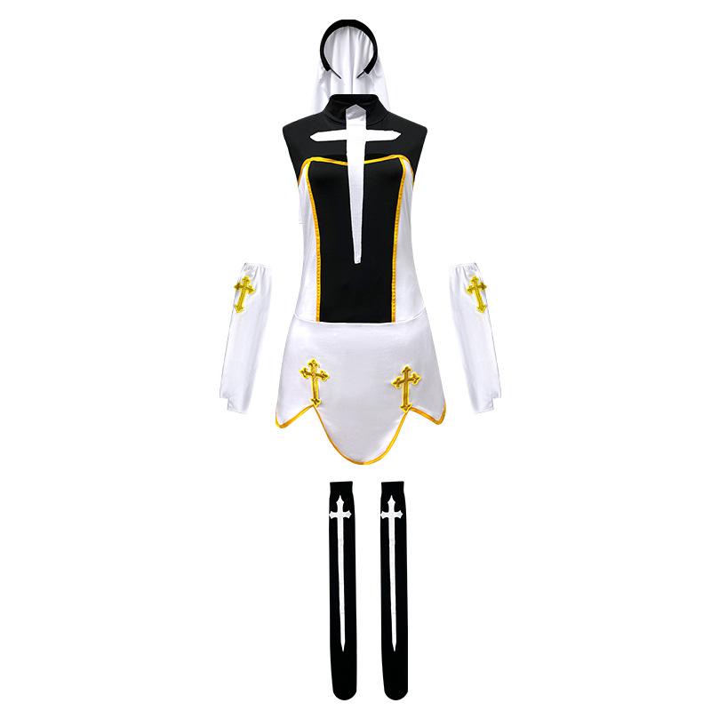 Halloween Costume Game Uniform Cosplay Nun Costume, Black and White Nun Costume Stage Performance Costume