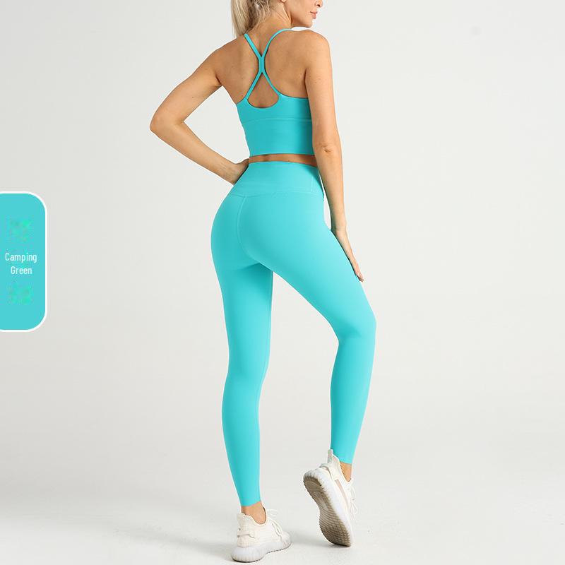 New Nude Yoga Set: Cross-Back Sports Bra & High-Waist Peach Hip Leggings