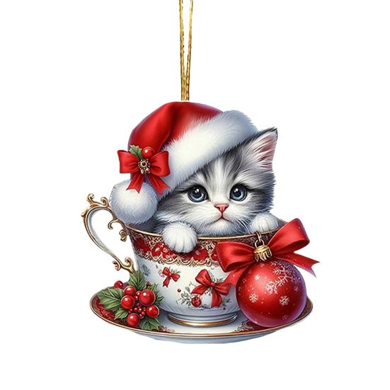 Acrylic Teacup Cat Hanging Ornaments Cute Cartoon Cat Christmas Ornament 2D