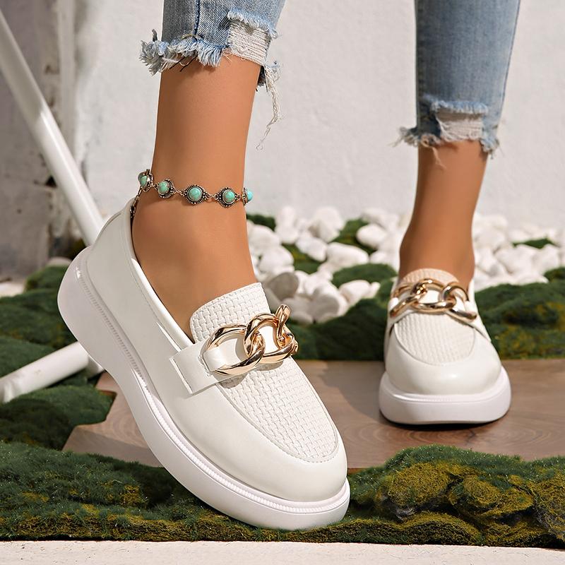 Fashion Women's Chain Decor White Platform Loafers Thick Sole Pu Leather Casual Shoes Woman Comfortable Slip On Walking Shoes Plus Size