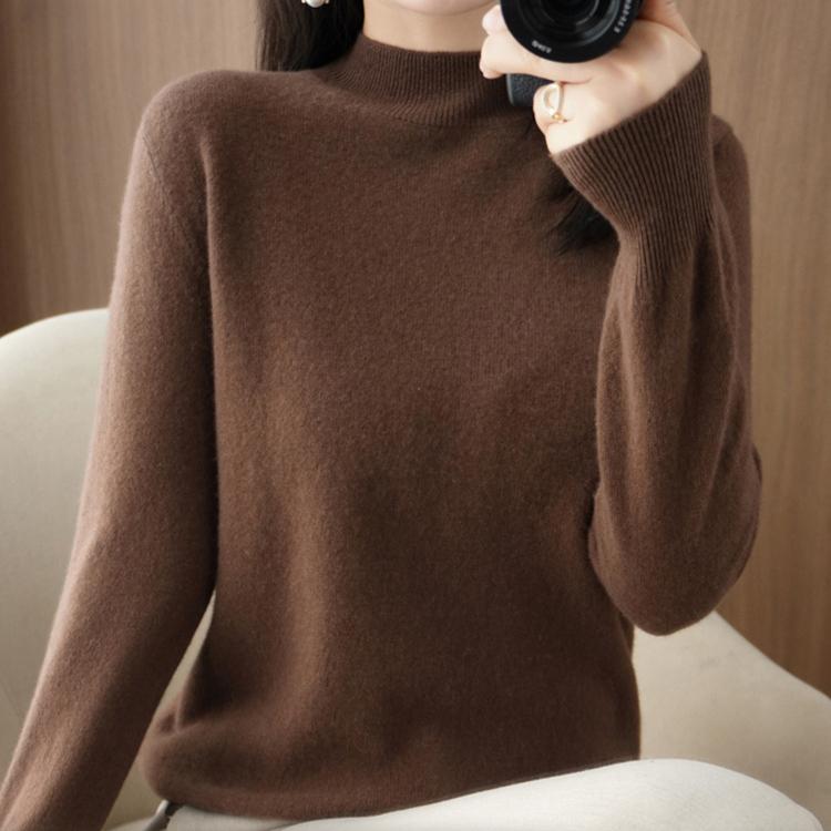 Autumn Winter Sweater Women's Korean Slim Pullover Sweater Half High Neck Knitted Sweater Short Style Solid Color Base Sweater Casual Sweater