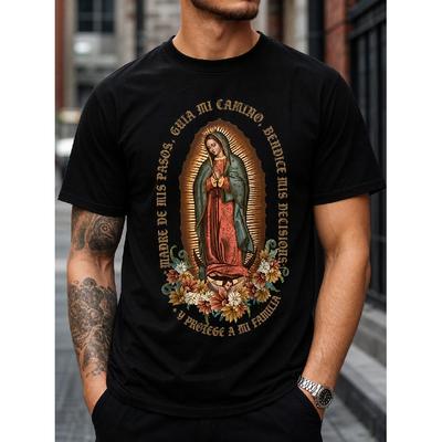 Men's Religious Graphic Tee Featuring Our Lady Of Guadalupe With Spanish Prayer And Floral Accents For Casual Faithful Wear