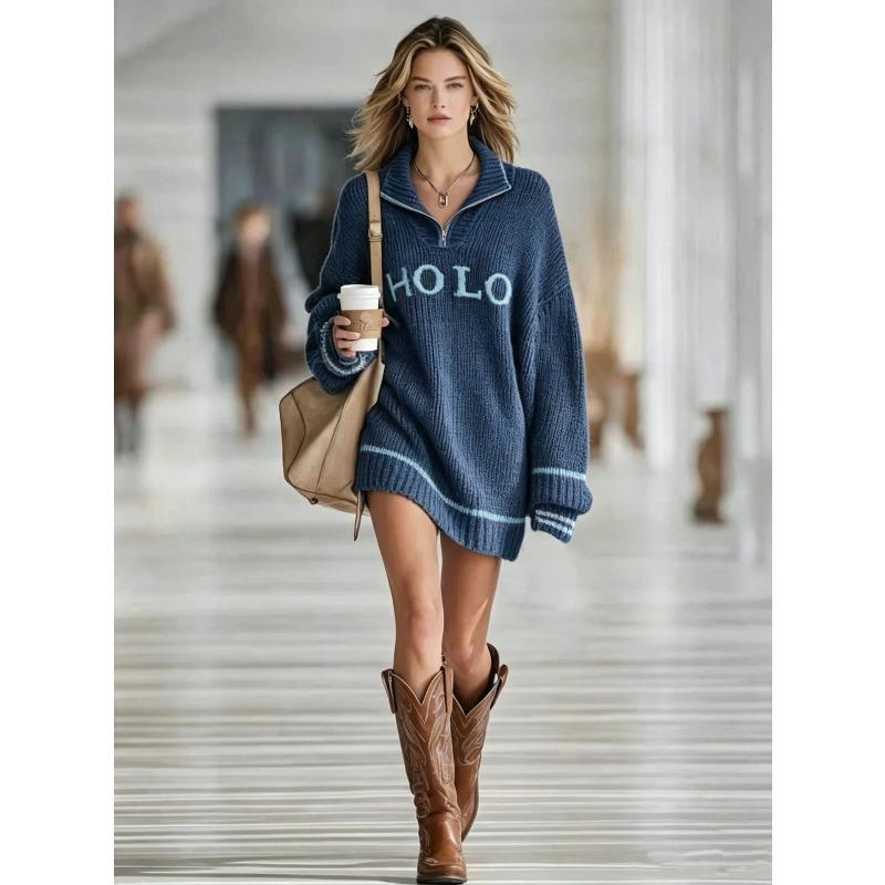 Autumn and winter popular new women's loose letter jacquard sweater zipper lapel mini knitted women's dress