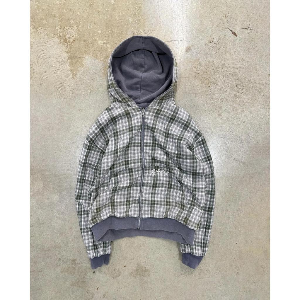 STREETRICH Herbst und Winter Neu Amerikanischer Retro Stehkragen, Vorne und Hinten Locker Arbeitskleidung, Karierte Kapuzenjacke