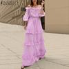 ZANZEA Holiday Casual 3/4 Sleeve Loose Off Shoulder Stripe Long Dress