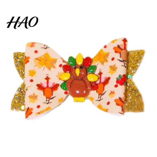 Fall Theme Hair Decor Thanksgiving Turkey Bow Clip for Girls, Decorative Pins, Pumpkin Clips Double Layer Glitter Clip, Cute Autumn Holiday