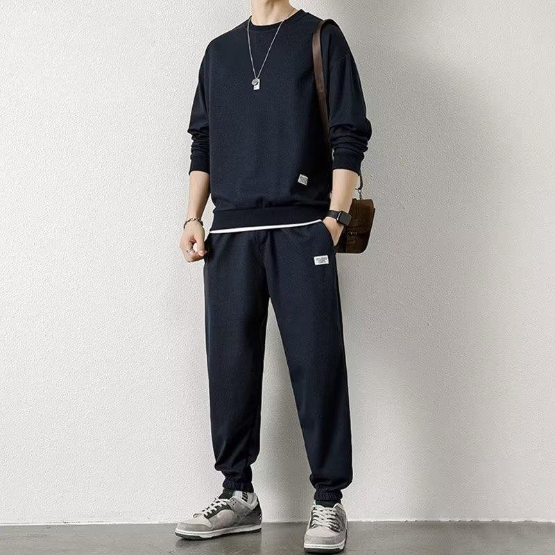 Men's Autumn Waffle Suit: Trendy Long-Sleeve Top & Trousers Two-Piece Set