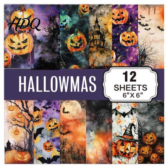 No Burrs Cutting Paper 12 Sheets Purple Gothic Halloween Scrapbook Paper, Double Sided Decorative Craft Pumpkin Ghost Bat for Card Making, Origami,