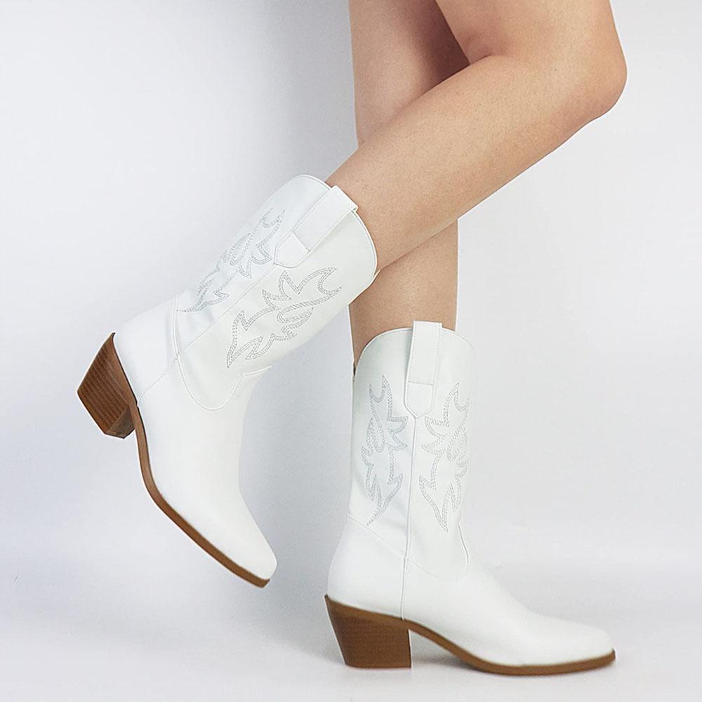 DoraTasia Retro Embroidered Cowgirl Ankle Western Pointed Toe Chunky Mid Heel Leisure All Match For Woman