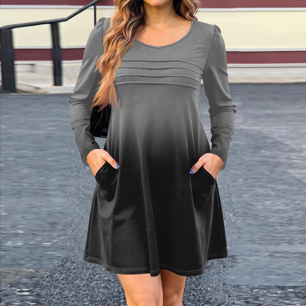 Women's Long Sleeve Dress Fall Casual T Shirt Loose Fit Pleated Front Dresses With Pockets