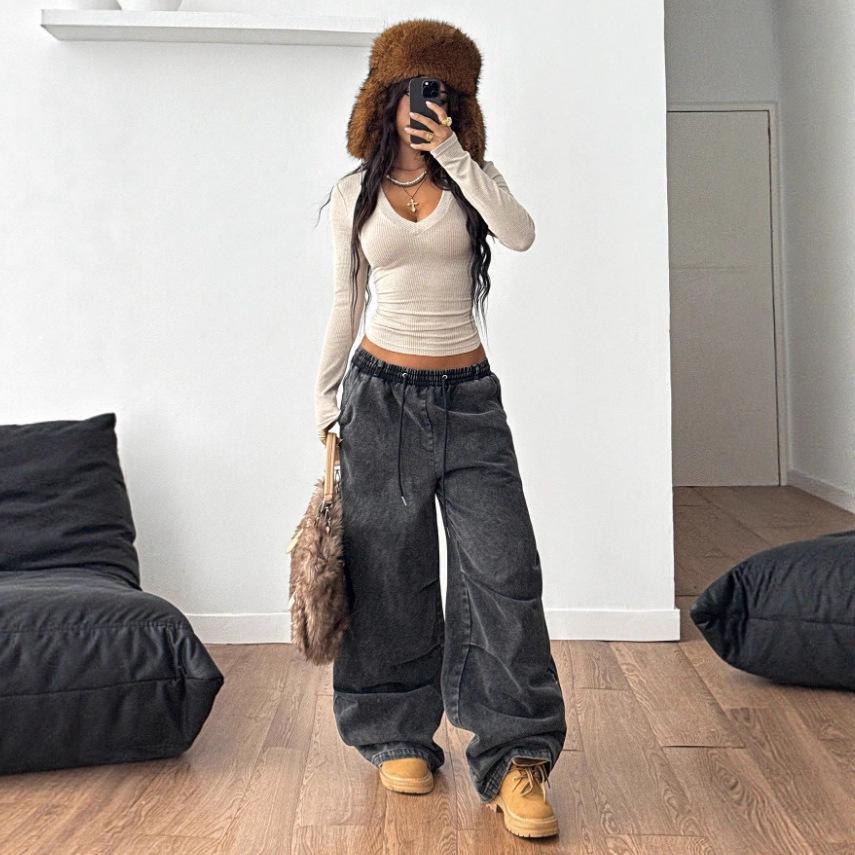 2025 Cross-Border Autumn/Winter Women's Ribbed Knit V-Neck Slim Long Sleeve Top - Stretchy & Comfortable