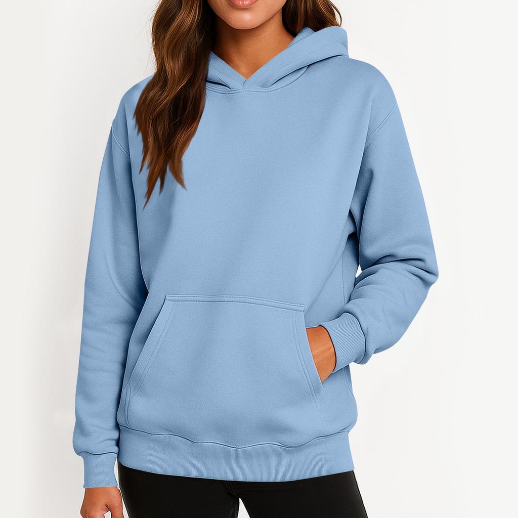 Ladies' Fashionable Solid Color Casual Hooded Pocket Long Sleeved Sweatshirt