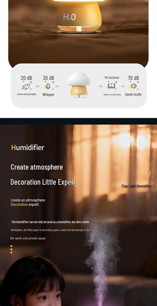 Mushroom USB Tap Light Humidifier with Atmosphere Lamp & Large Mist Output for Home or Office