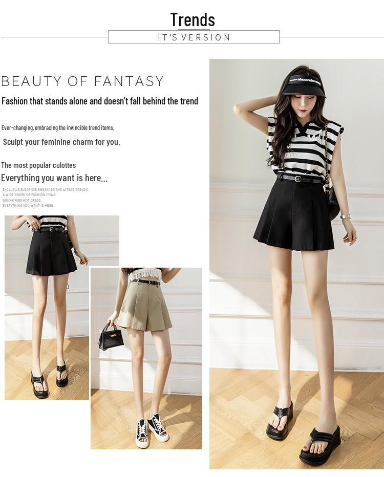 Women's 2024 Summer High-Waist Pleated Skort with Wide-Leg Design: Korean Style & Versatile Casual Look
